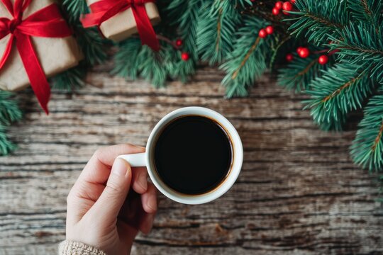 Hand holding a mug of black coffee on a rustic wooden table with Christmas tree branches, red berries, and wrapped presents