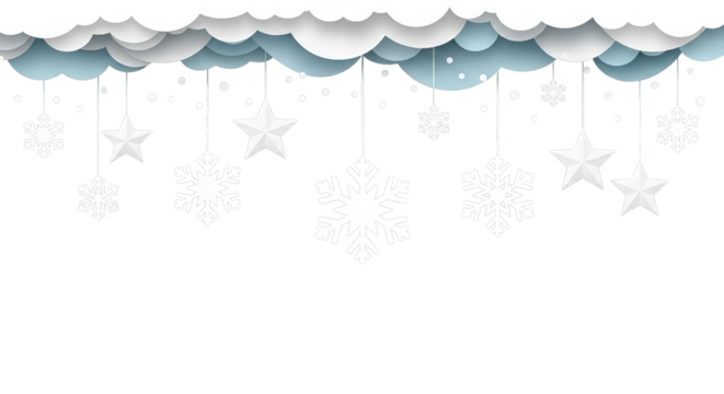 Layered paper-cut style clouds and suspended snowflakes and stars create a dreamy, wintery scene