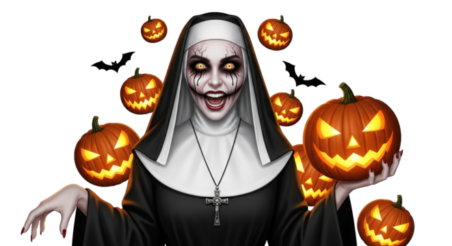 An eerie nun with cracked face paint stands with sinister, glowing jack-o'-lanterns floating about.