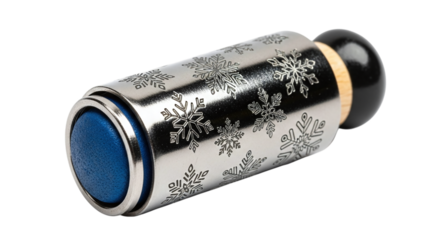 Closeup of a silver lint roller with snowflake pattern, isolated on transparent background, showcasing its festive design and cleaning functionality