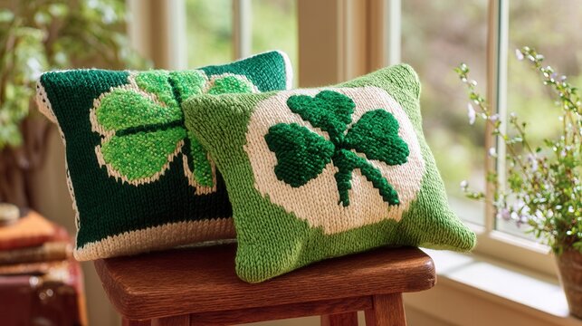 Saint Patrick's Day Decorative pillows featuring green shamrock designs in natural light.