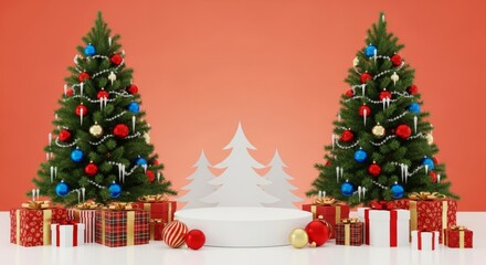 Obraz premium Christmas Trees, Gifts, and Podium on Red Background - Festive Holiday Scene