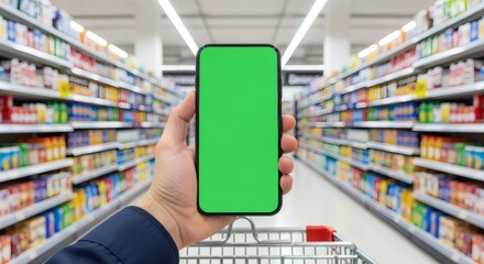 Person holding a mobile phone with a green screen chroma key while shopping for groceries in a modern supermarket aisle