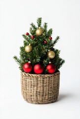 Small festive Christmas tree in a woven pot, decorated with red and gold ornaments, bringing holiday joy