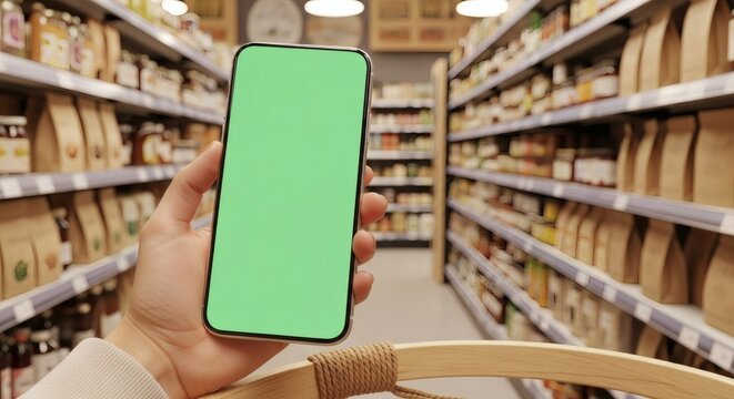 First person view of a shopper holding a smartphone with a green screen for a mockup in a supermarket aisle