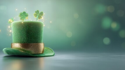 Saint Patrick's Day Sparkling green hat with shamrocks on a soft background.