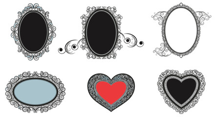 Collection of six ornate vintage frames with elegant scrollwork in various shapes and colors for decorative design elements.