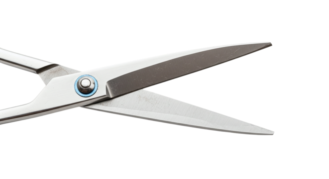 Closeup of sharp metal scissors with open blades isolated on transparent background, perfect for crafting, cutting, and precision work in various applications