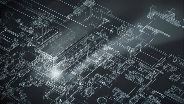 Abstract Digital Circuit Board with Glowing Elements and Data Flow.