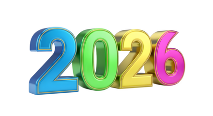 The year 2026 rendered in colorful, metallic, 3d numbers isolated on transparent background