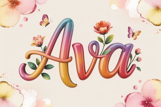 The name "Ava" is rendered in a vibrant, rainbow-colored gradient, beautifully intertwined with delicate flowers and butterflies. 