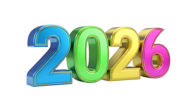 The year 2026 rendered in colorful, metallic, 3d numbers isolated on transparent background