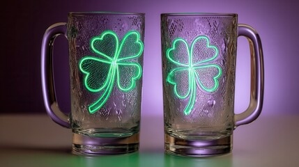 Saint Patrick's Day Two illuminated mugs with shamrock designs on a colorful background.