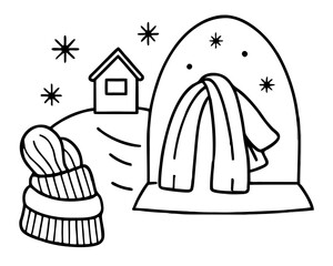 Winter scene with house, snowdrift, hat and scarf