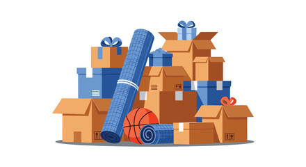 A large pile of moving boxes, some gift-wrapped, stacked alongside rolled-up blueprints or mats and a basketball, symbolizing moving or new endeavors.