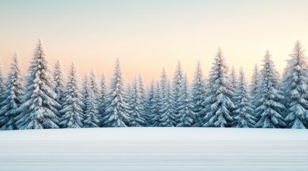 Fototapeta premium Winter forest landscape featuring snow covered pine trees and a clear sky, offering a beautiful cold nature scene with copy space