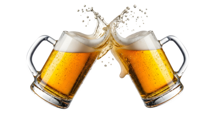 Two beer mugs clinking together with splashing beer isolated on transparent background