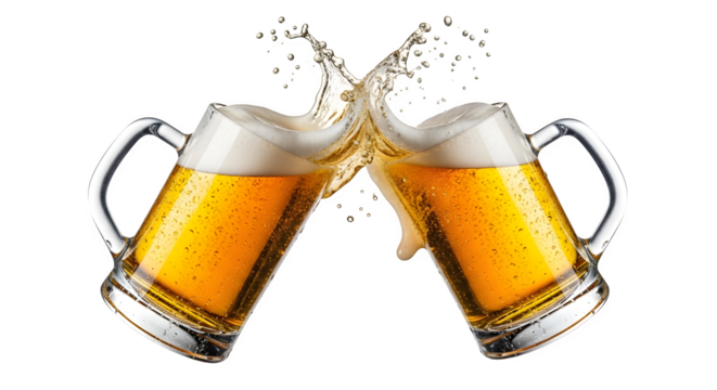 Two beer mugs clinking together with splashing beer isolated on transparent background