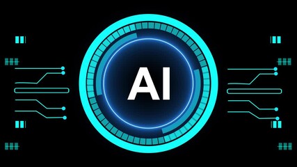 Futuristic AI Interface with Glowing Neon Blue Circular HUD and Data Streams artificial intelligence animated. Sci-fi artificial intelligence system glowing neon blue interface perfect background - Powered by Adobe