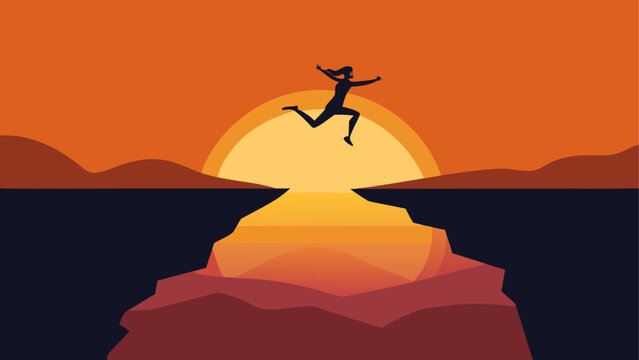 Silhouette woman jumping over the chasm