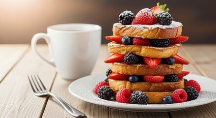 Delicious Stack of French Toast with Fresh Berries beside a White Coffee Cup