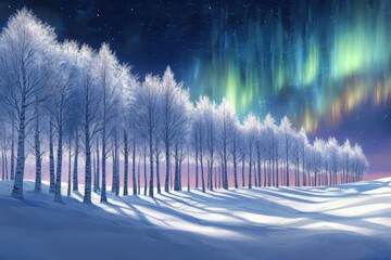 Row of frosted trees stands beneath a vibrant nighttime celestial display over a snowy landscape