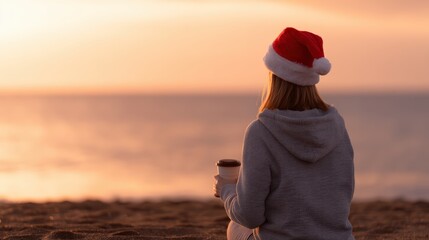 Woman wearing Santa hat holding a cup on the beach watching the sunset with copy space. Holiday concepts