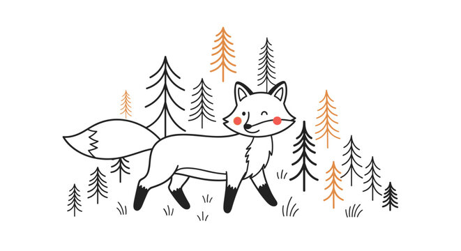 A charming cartoon fox winks playfully while walking through a whimsical forest with stylized evergreen trees and grass.