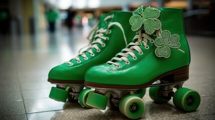 Saint Patrick's Day Green roller skates with shamrocks for festive fun.