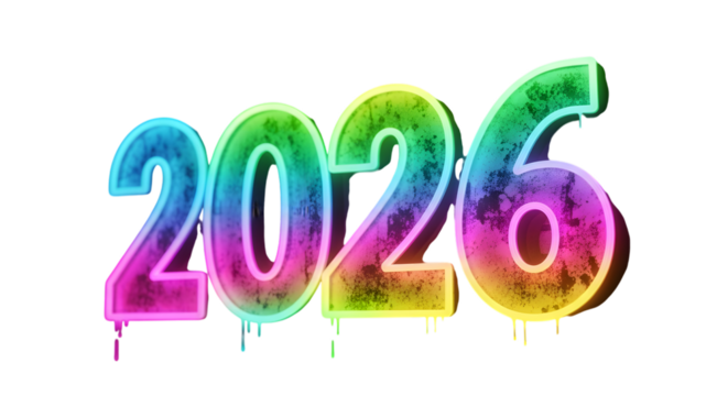 Colorful graffiti style 2026 text isolated on transparent background
