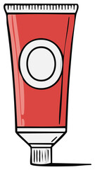 Obraz premium Simple red squeeze tube with white label and cap, cartoon style illustration