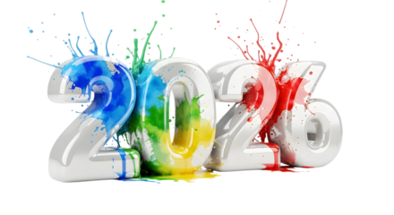 Colorful 2023 numbers with paint splashes isolated on transparent background