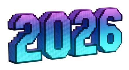 Pixelated 2026 text with blue and purple gradient isolated on transparent background