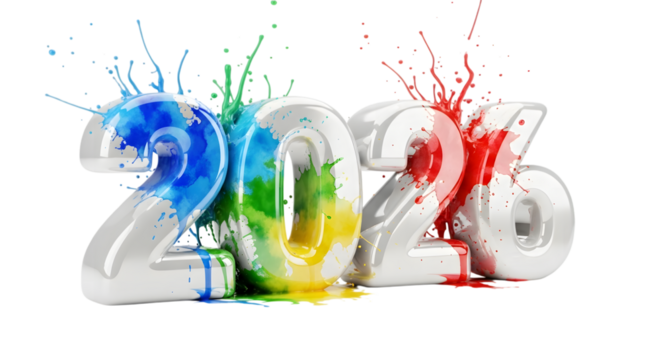 Colorful 2023 numbers with paint splashes isolated on transparent background