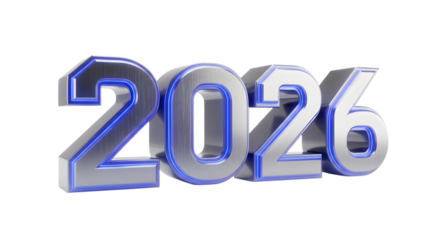 3d metallic blue glowing numbers 2026 isolated on transparent background