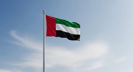 UAE flag waving in desert landscape during golden sunset