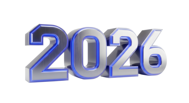 3d metallic blue glowing numbers 2026 isolated on transparent background