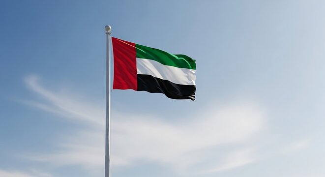UAE flag waving in desert landscape during golden sunset