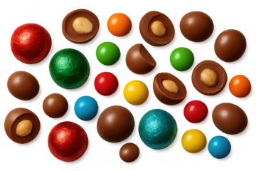 Assortment of colorful chocolate candies and sweet bonbons with nuts, various shapes creating a festive design pattern