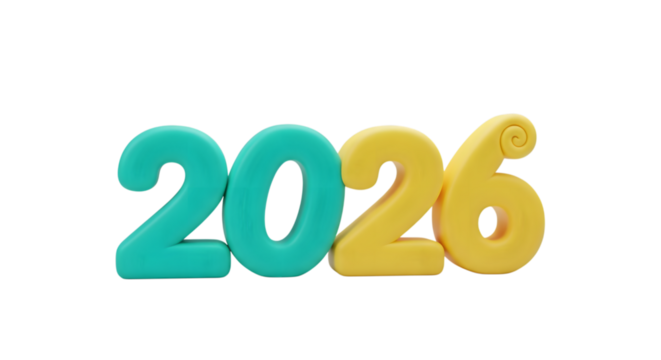 2026 numbers in teal and yellow isolated on transparent background