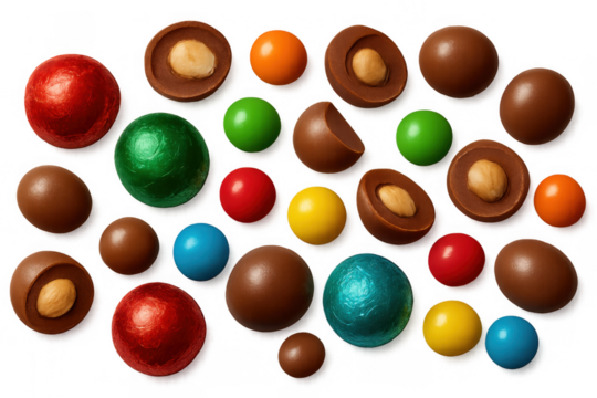 Assortment of colorful chocolate candies and sweet bonbons with nuts, various shapes creating a festive design pattern - Powered by Adobe