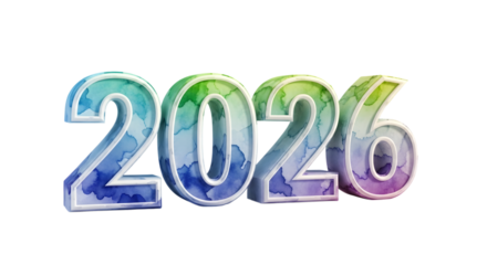 Colorful watercolor 2026 numbers isolated on transparent background