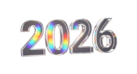 Year 2026 in chrome font with rainbow effect isolated on transparent background
