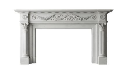 Elegant white marble fireplace mantel with ornate carvings, isolated on transparent background