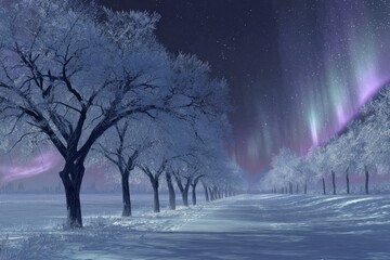 Snow covered trees line a path beneath a vibrant celestial light display in the cold night sky