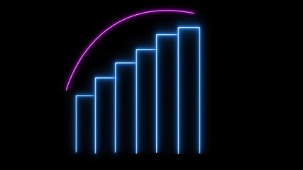 Ascending Neon Bar Chart with Pink Curve on animation Black Background graph glowing. Futuristic ascending neon bar chart, pink curved line, animated black background, glowing data interface display.