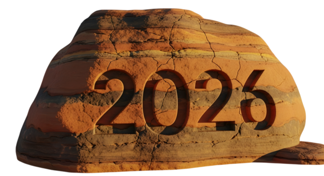 The year 2026 carved into a sandstone rock isolated on transparent background