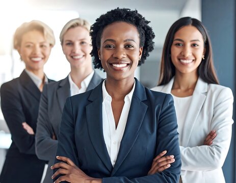Group of smiling women in professional business attire, crossing arms