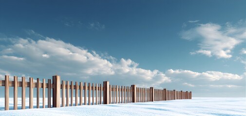 Wooden fence bordering a snowy landscape under a vast cloudy blue sky