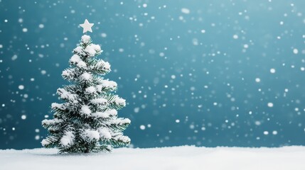 Obraz premium Small snow covered christmas tree standing in a pile of snow, with a star on top and falling snowflakes against a blue background